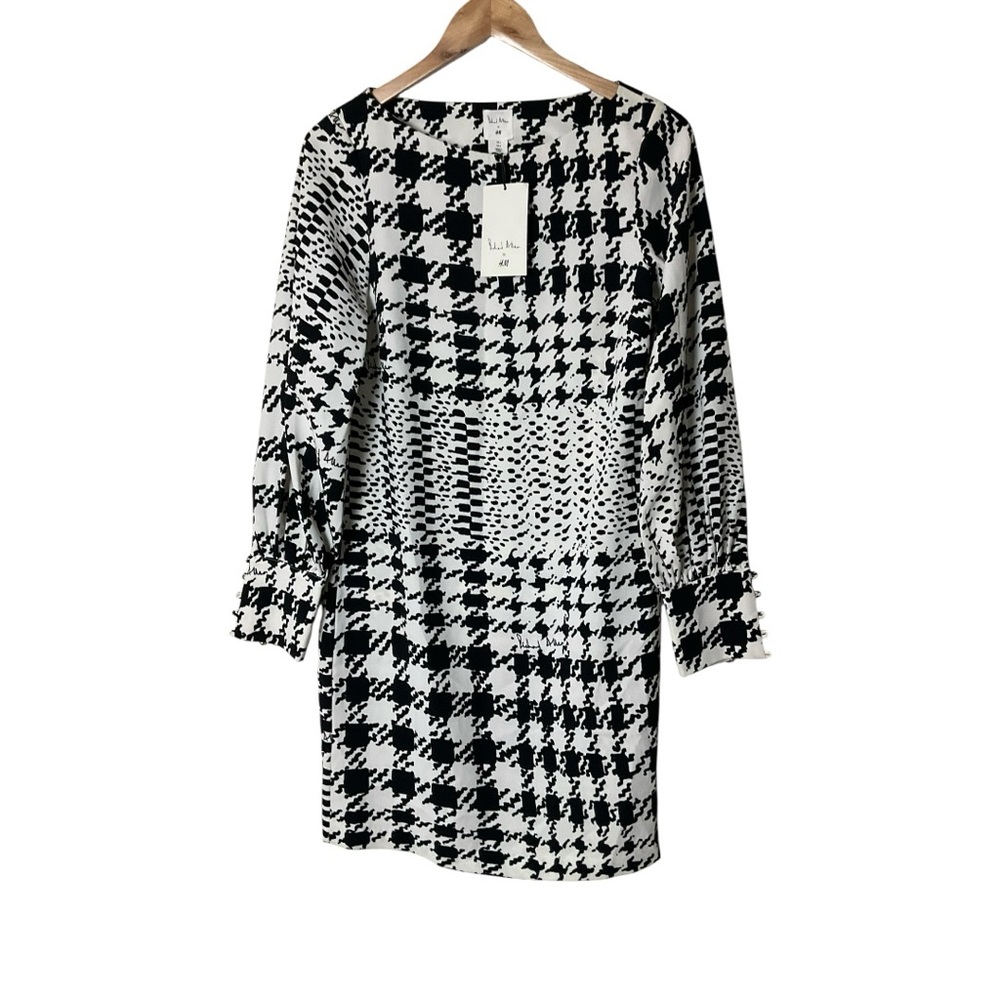 NWT Richard Allen x H&M Women Black White Houndstooth Long Sleeve Shift Dress 4